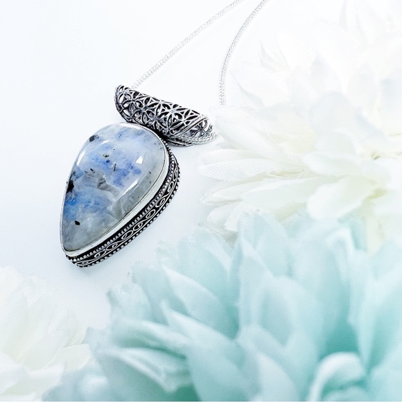 Blue Flash Tourmaline Moonstone Pendant Necklace Sterling Silver 925 Vintage New - Picture 7 of 7